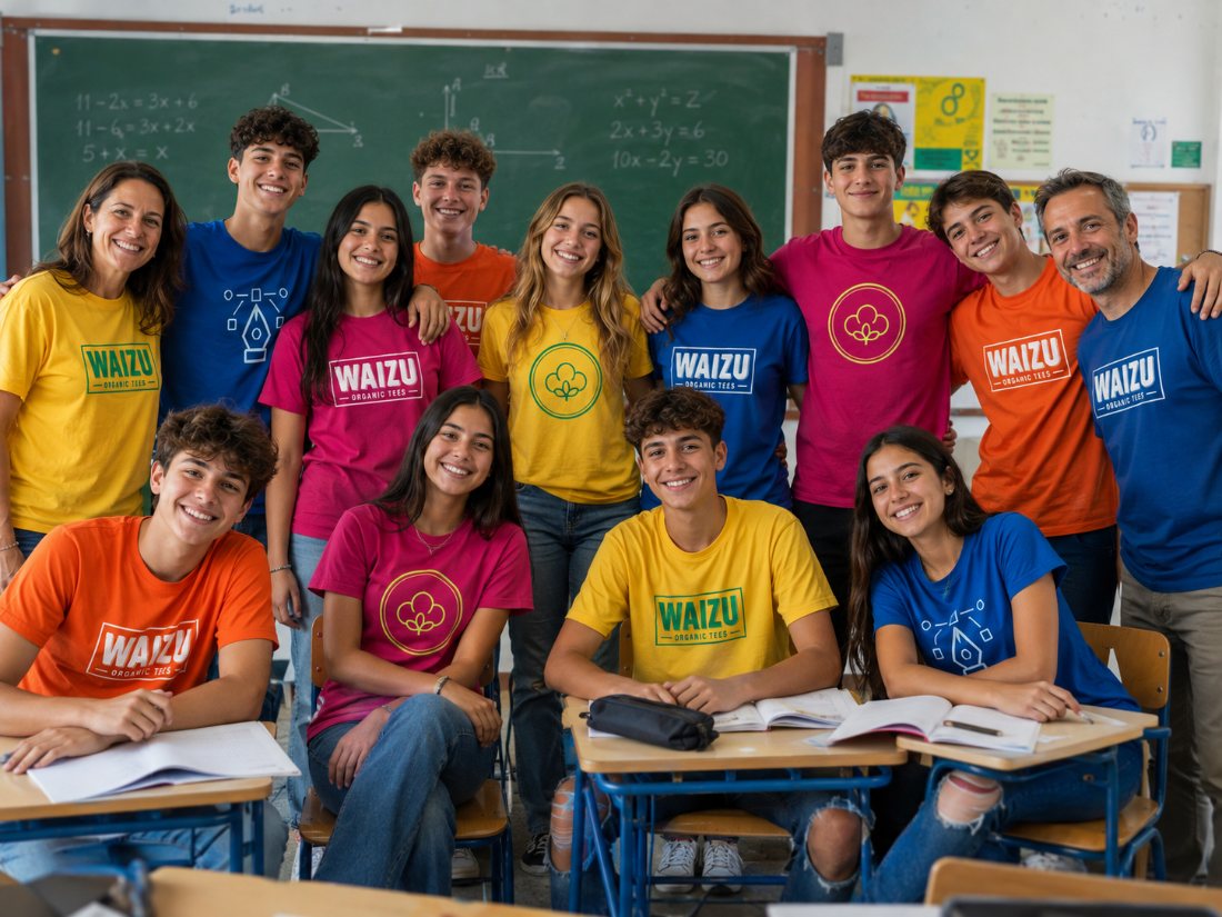 Grupo de estudiantes y profesores con camisetas Waizu personalizadas