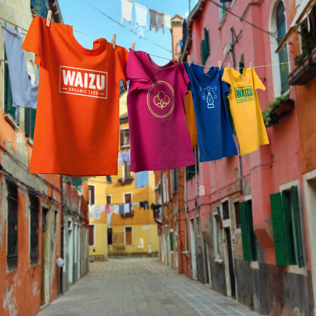 Camisetas Waizu de 100% algodón secándose al aire